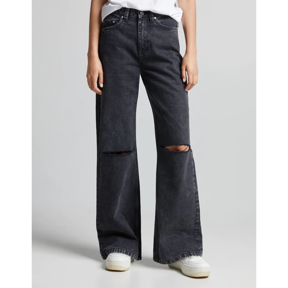 Bershka Wide-Leg Twill Pants with Rips